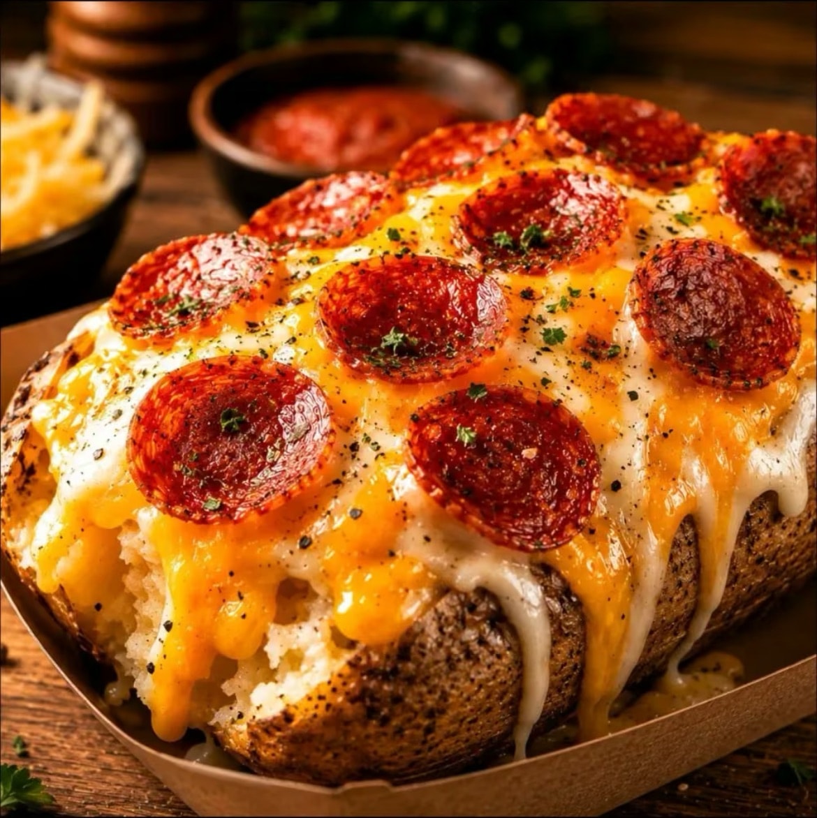 Loaded baked potato with melted cheese and bacon